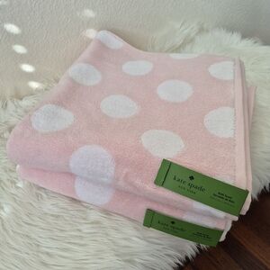 2pc Kate Spade Pink and White Polka Dot Bath Towel 100% Cotton Reversible